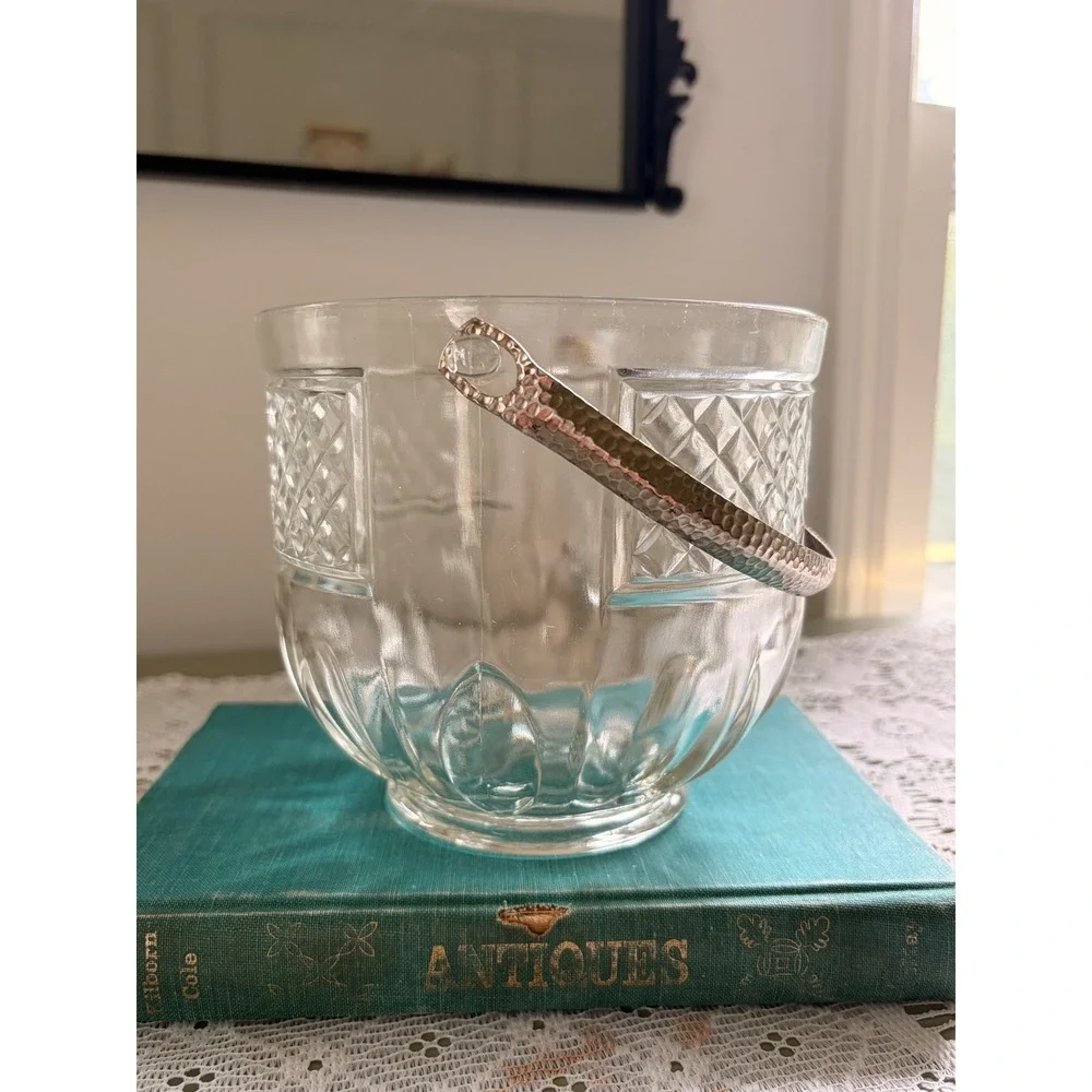 Vintage Diamond Cut Glass Ice Bucket with Hammered Metal Swivel Handle Barware